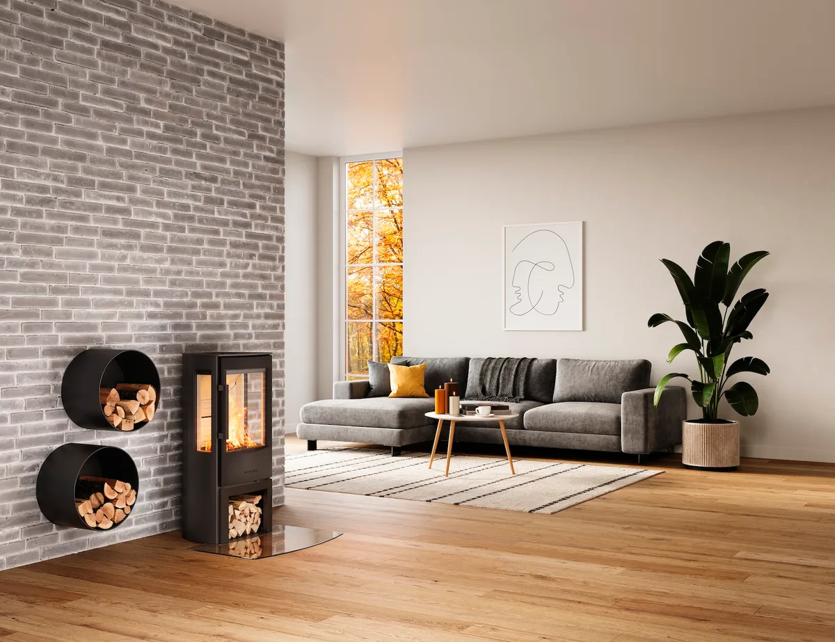 Wiking Miro 3 slow combustion fireplace in a living room setting
