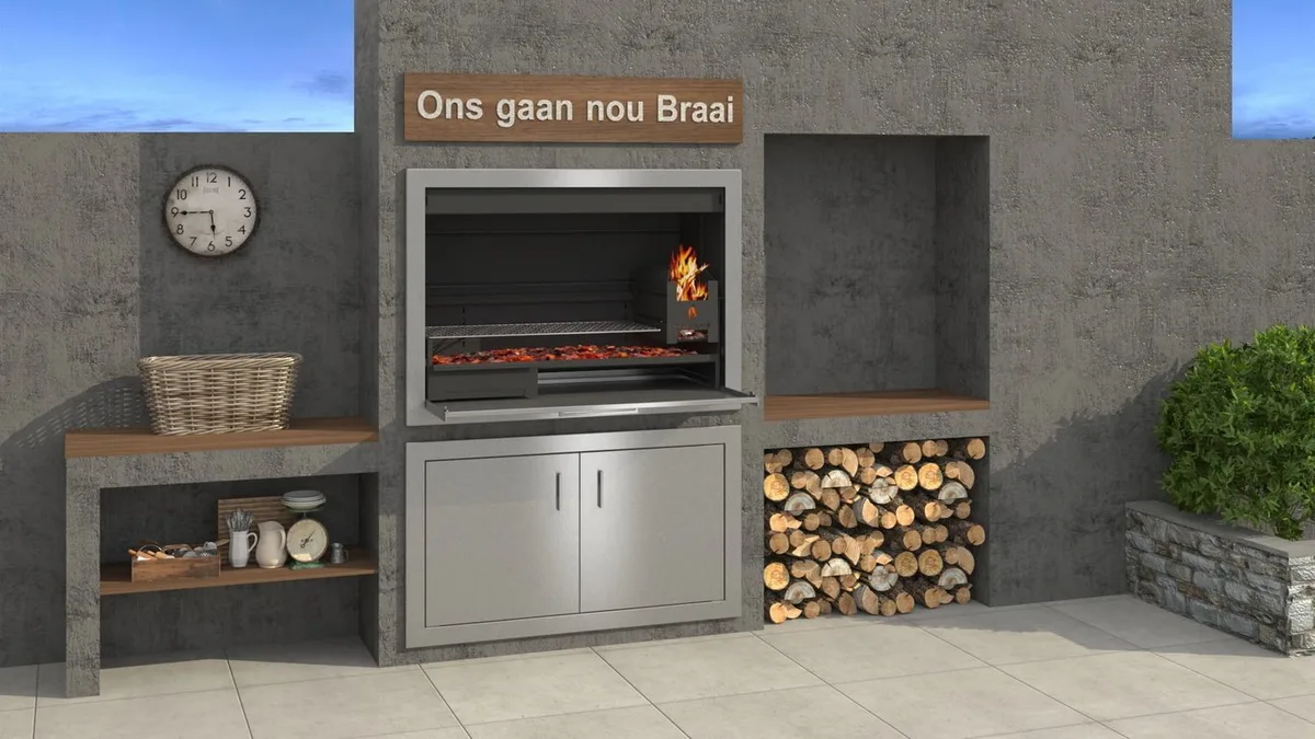 Built-in braai with black interior, stainless facade, storage, and wood recess