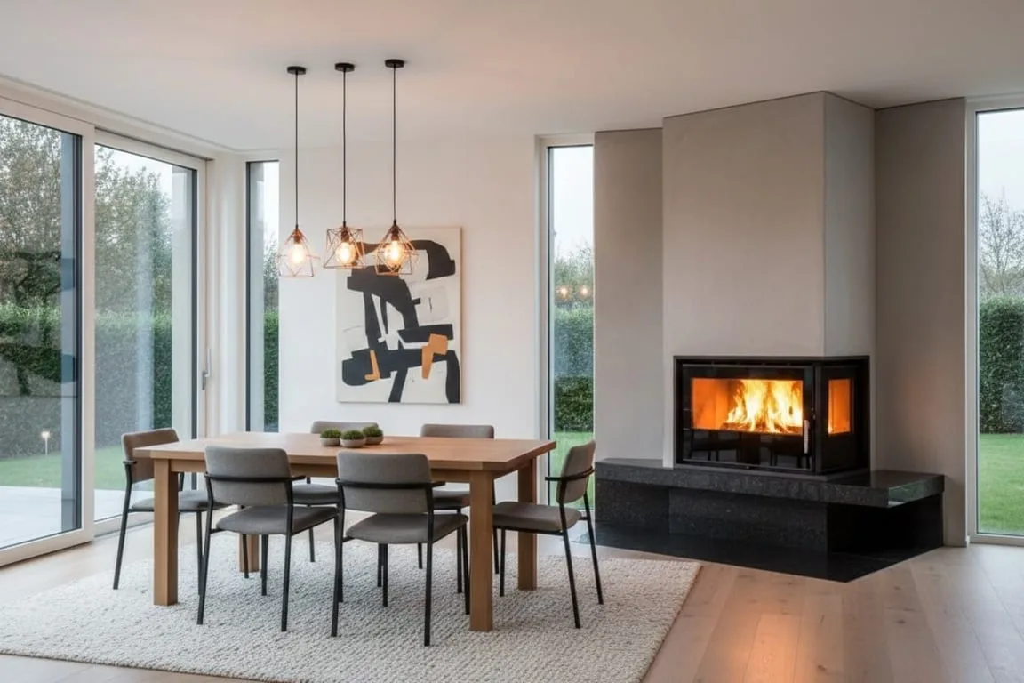 European built-in wood fireplace burning in a modern dining room