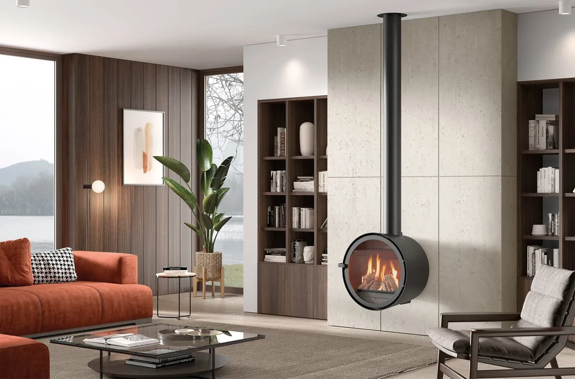 Wall-mounted slow-combustion fireplace in a contemporary room