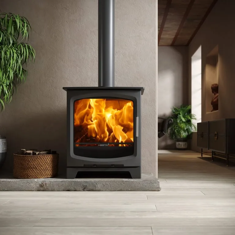 Heeta 600 ARC freestanding fireplace with clean glass