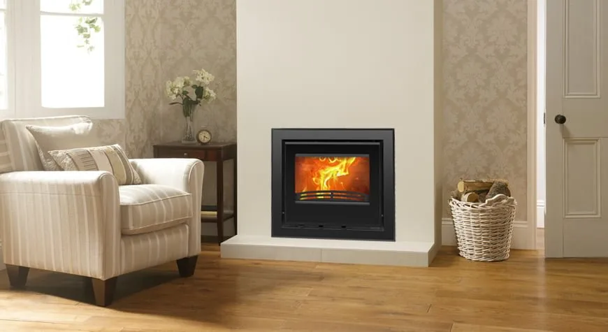 Marvic built-in slow-combustion fireplace in a room setting