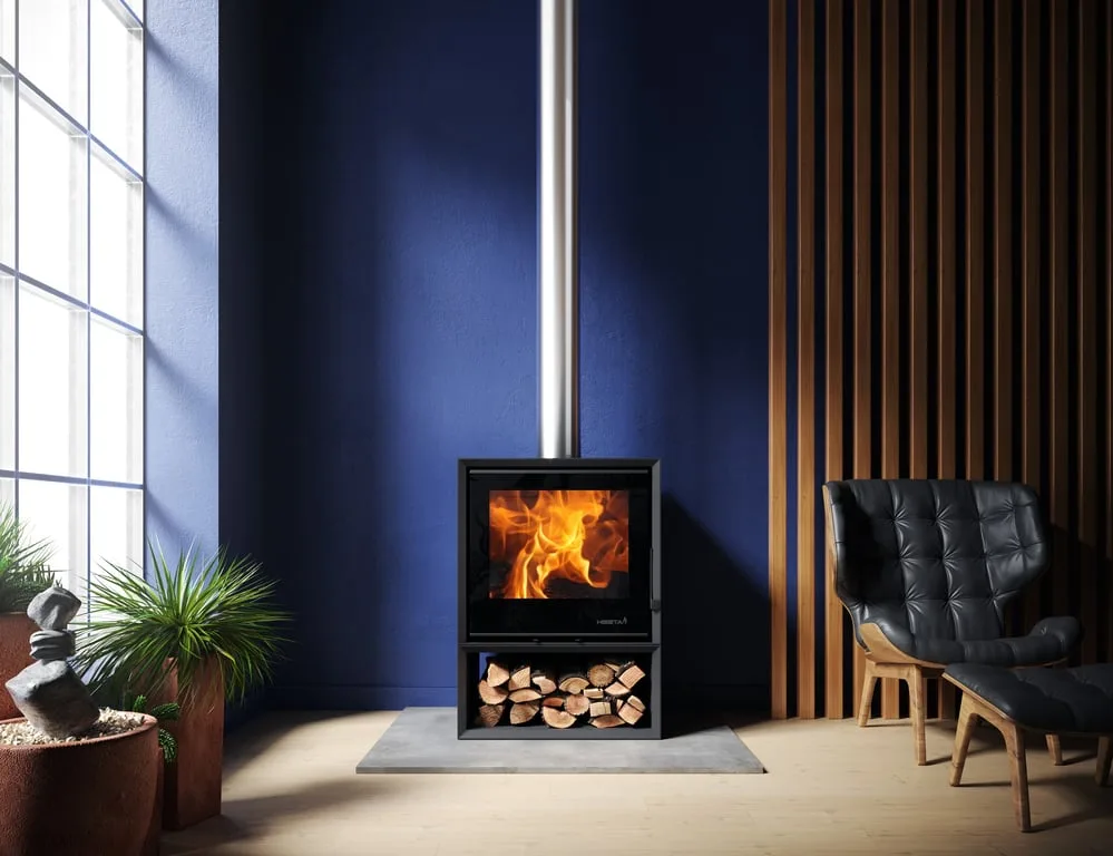 Heeta 600 Bevel freestanding slow-combustion fireplace in a room setting