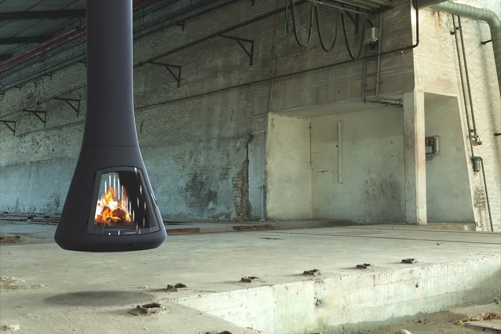 JC Bordelet suspended fireplace in a living area